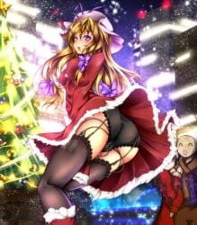 black_panties black_thighhighs blonde_hair blush boots christmas christmas_tree commentary_request dress exhibitionism female from_below garter_straps hat highres long_hair monikano panties public_indecency public_vibrator purple_eyes sex_toy snow solo thighhighs touhou underwear upskirt vibrator vibrator_in_thighhighs vibrator_under_clothes vibrator_under_panties yakumo_yukari