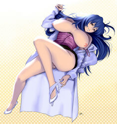 blue_hair breasts high_heels huge_breasts labcoat legs lying maken-ki! nijou_aki nipples no_bra nurse open_clothes open_shirt panties panties_around_leg panties_around_one_leg panty_pull pussy shirt strap_slip underwear undressing wakino_keibun