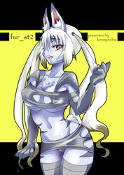 abstract_background bakugatou big_breasts breasts canine english_text female fox horn looking_at_viewer open_mouth pussy red_eyes skimpy skirt solo standing stockings tail text