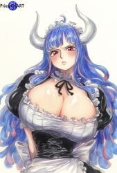 1girls ai_generated areola_slip big_breasts blue_eyes blush female female_focus female_only horn huge_breasts large_breasts maid maid_outfit maid_uniform multicolored_hair one_piece pink_eyes priestofart simple_background solo solo_female solo_focus tagme tagme_(artist) tagme_(character) ulti_(one_piece) upper_body white_background