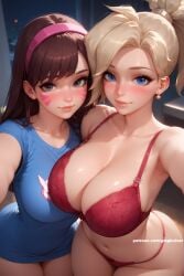 2girls ai_generated big_ass big_breasts black_hair blizzard_entertainment blonde_hair d.va gmgkaiser mercy overwatch selfie standing tagme