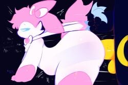 3:2 anal anal_sex bodily_fluids bulge bulge_from_behind cum cum_inside duo eeveelution generation_2_pokemon generation_6_pokemon genital_fluids genitals male male/male nintendo penetration penis pokemon pokemon_(species) ribbon_pull ribbons stomach_bulge sylveon thick_thighs thighs umbreon winteriris42 yellow_penis