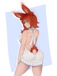 ashhy aurora aurora_(league_of_legends) blue_eyes blush bunny_ears bunny_girl bunny_tail butt freckles glasses league_of_legends red_hair thighs virgin_killer_sweater