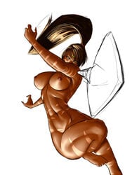 abs barefoot bodypaint breasts dark-skinned_female dark_skin feet fingernails foreshortening franja2190 hands highres large_breasts league_of_legends long_hair muscles nidalee nipples nude polearm simple_background solo spear tribal weapon yellow_eyes