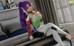 anthro bovid bovid_humanoid bovine bovine_humanoid cow_ears cow_girl cow_horns cow_print cowbell cowgirl furry furry_femal heels looking_at_viewer purple_hair sitting sitting_on_bed source_request