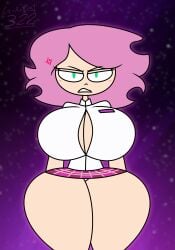 anger_symbol angry_face big_breasts breasts_bigger_than_head breasts_bigger_than_torso breasts_peeking_out_of_shirt green_eyes juj_(juj_puj) juj_puj_(youtuber) la-artist322_(artist) large_breasts miniskirt narrowed_eyes peeking_out peeping pink_hair pink_miniskirt pink_skirt school_girl school_uniform schoolgirl schoolgirl_uniform self_upload space_background thick_hips thick_legs thick_thighs white_shirt wide_hips youtuber youtuber_girl youtuber_sona