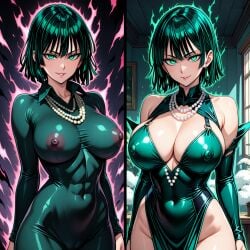 ai_generated before_and_after brainwashed brainwashing collar corrupted corruption dark_aura dark_persona enemy_conversion evil_grin evil_smile fubuki_(one-punch_man) green_hair happy_sub happy_trance hypnosis long_dress long_sleeves mind_control one-punch_man pearl_necklace pixai tagme