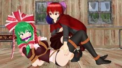 2girls black_thighhighs bondage bound cleave_gag gag indoors kagiyama_hina looking_at_another pavro sekibanki smile touhou yuri