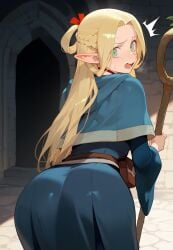 ai_generated artist_request back_view backboob bare_thighs big_ass big_butt blonde_hair blush dungeon_meshi elf elf_ears elf_female embarrassed fat_ass gigantic_ass green_eyes huge_breasts huge_thighs large_breasts light-skinned_female light_skin long_dress long_hair looking_back marcille_donato massive_ass solo_female squatting sweat sweatdrop thick_body thick_female thick_thighs thighs voluptuous voluptuous_female