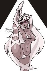 big_breasts bikini breasts carmilla_carmine dancing demon demon_girl gloves grabbing_leg hazbin_hotel legs milf serious_look teaofcolors white_bikini