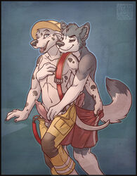 anthro black_nose blue_eyes canine canine_penis clothing dalmatian erection fireman fur furry gay handjob hat holding husky keovi knot male penis reach_around short shorts spots standing tongue tongue_out undressing