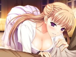 blonde_hair blush breasts cleavage clothed_erection female game_cg hair handjob highres komori_kei large_breasts long_fingernails long_hair looking_at_viewer noel_marres_ascot purple_eyes smile walkure_romanze