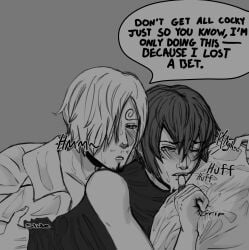 black_and_white clothed clothed_sex crossover english_dialogue english_language english_text face_closeup gay kaito_(vocaloid) lost_a_bet lost_bet male male_only no_visible_genitalia one_piece pre_sex pretty_boy sanji sanji_(one_piece) text vinsmoke_sanji vocaloid woowhooe yaoi