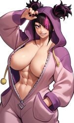 1girls abs ai_generated alternate_costume alternate_outfit black_hair breasts breasts_out capcom huge_breasts juri_han kosine1777 muscular_female onesie open_clothes open_onesie open_pajamas pajamas pink_onesie street_fighter street_fighter_6 sweat sweaty sweaty_body toned toned_female twintails