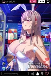 1girls arcade breasts bunny_ears bunny_girl bunnysuit choker cryo_slime_(genshin_impact) english_text female_focus female_only genshin_impact goddess_of_victory:_nikke heart-shaped_pupils hi_res highres horn horns large_breasts livestream long_fingernails long_hair money money_in_cleavage spiz tagme text tounge_out very_long_hair viper_(nikke) watermark