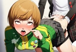 ahe_gao ai_generated akira_kurusu ass_grab ass_up clothed clothed_sex clothing crossover cum cum_in_pussy cum_inside doggy_style fingernails jacket persona persona_4 persona_5 ripped_clothing satonaka_chie school_uniform short_hair simple_background skirt tongue tongue_out