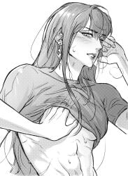 abs blush breast_grab breasts earrings groping groping_breasts long_hair muscular muscular_female pant panting path_to_nowhere rahu_(path_to_nowhere) scar scar_on_face shalom_(path_to_nowhere) shirt shirt_lift songeee_58 sweat sweatdrop sweating yuri