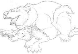 anal bear brother_bear canine crossover disney feral feral_on_feral furry furry_only gabu gay male male_only mikachu_tuhonen monochrome no_humans one_stormy_night rough_sketch sex size_difference wolf yaoi