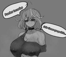 1girls big_breasts breasts collar emikukis hispanic_virtual_youtuber iake nipples sketch spanish_text sweat vtuber