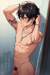 1boy ai_generated bittersweetnaightshade black_hair blush bracelet flaccid_penis necklace offscreen_penis pubic_hair short_hair shower showering tasteful_nudity tattoo tattoos wet