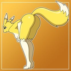 ass bandai_namco blackangel018 blue_eyes breasts canid canine digimon digimon_(species) facial_markings female fox fur head_markings looking_at_viewer looking_back mammal markings presenting presenting_hindquarters renamon smile solo yellow_body yellow_fur