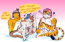 annoyed anthro basslapping bath bathing cute feline fish fishstick_(fortnite) fortnite fortnite:_battle_royale meowscles_(fortnite) oscar_(fortnite) polyamory soap soap_bubbles tiger