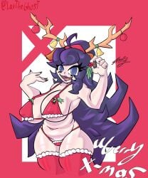 big_breasts bikini christmas christmas_decorations christmas_headwear christmas_outfit chubby_female female_only hex_maniac lavtheghost long_hair mistletoe purple_eyes purple_hair purple_lipstick reindeer_antlers simple_background stockings thick_thighs