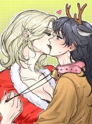 animal_ears antlers blonde_hair blush breasts chief_(path_to_nowhere) cleavage collar female_chief_(path_to_nowhere) kissing langley_(path_to_nowhere) leash older_female path_to_nowhere reindeer_costume santa_costume songeee_58 yuri