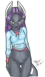 anthro anubian_jackal black_fur bottomless canine collar female fur furry hoodie jackal joshua_frinkle looking_at_viewer plain_background purple_hair pussy skimpy solo tail white_background