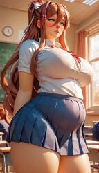 ai_generated brown_hair chubby_female classroom doki_doki_literature_club green_eyes lolicon_hunter monika_(doki_doki_literature_club) ponytail school_uniform schoolgirl tagme white_bow