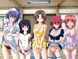 5girls antenna black_hair blue_eyes blue_hair blush breasts brown_hair buruma censored cleavage doki_doki_rooming game_cg gash green_eyes gym_uniform hair_band hairband himeno_aya kasuga_haru kisaragi_nagisa large_breasts long_hair maid miyama_yuu multiple_girls naked_apron no_panties nurse open_mouth orange_hair panties pussy red_eyes red_hair ribbon short_hair skirt_lift smile take_your_pick thighhighs underwear vibrator yoko_sakaki_(doki_doki_rooming)