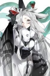 ahoge animal_ears bare_shoulders black_gloves breasts closed_mouth cowboy_shot cup dress dya_rikku dya_rikku_(vtuber) female gloves grey_eyes hair_over_one_eye holding long_hair looking_at_viewer monster_girl silver_eyes simple_background smile solo very_long_hair virtual_youtuber vyugen white_background white_hair