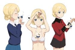 bikini black_necktie black_skirt blonde_hair blue_eyes blue_skirt blue_sweater braid breasts bukkake commentary_request cum cum_on_body cum_on_breasts cup darjeeling drinking drinking_pee female girls_und_panzer handjob holding holding_cup jacket miniskirt necktie peeing peeing_in_cup penis penis_milking red_jacket sakusa_kuruku school_uniform shirt skirt st._gloriana's_military_uniform st._gloriana's_school_uniform sweater swimsuit teacup urination urine white_bikini white_shirt