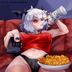 1girls alcohol alcoholic_drink big_breasts blush bottle cameltoe chips_(food) devil devil_horns devil_tail drinking food guy_sipping_beer_stock_image helltaker horn horns light-skinned_female living_room malina_(helltaker) meme nipple_bulge nipples_visible_through_clothing painted_nails panties red_eyes sofa solo solo_female solo_focus suvorovsatbo television thong tv_remote underwear vodka white_hair