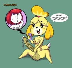 animal_crossing anthro big_penis dialogue dog_girl ellie_rose futanari henry_stickmin_(game) huge_cock isabelle_(animal_crossing) masturbation precum red_hair speech_bubble stick_figure white_body yellow_fur zunnibunni