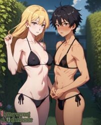 1boy 1girls ai_generated bikini bittersweetnaightshade black_hair blonde_hair both_sexes_in_same_situation boy_in_bikini, bulge femboy tan_skin