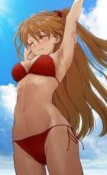 1girls asuka_langley_sohryu bikini bikini_bottom bikini_top breasts cleavage closed_eyes female female_only hair long_hair medium_breasts neon_genesis_evangelion orange_hair red_bikini solo solo_female stretching swimwear thighs topwear