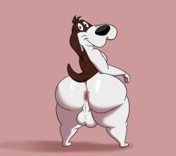 2025 anthro anus ass balls barnyard_dawg basset_hound big_butt black_eyes black_nose brown_body brown_ears brown_fur brown_hair brown_tail canid canine canis colossalstars digital_media_(artwork) domestic_dog fur genitals hair hi_res hunting_dog looking_at_viewer looking_back looney_tunes male mammal multicolored_body multicolored_fur pink_background rear_view scent_hound simple_background smile solo standing tail thick_thighs two_tone_body two_tone_fur warner_brothers white_body white_fur