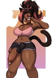 1futa animal_ears balls belly belly_button big_breasts big_penis breasts busty cleavage clothed clothing dark-skinned_futanari dark_skin dick dickgirl dripping dripping_precum erection futa_only futanari glasses huge_cock humanoid humanoid_penis kemonomimi large_breasts large_penis leaking_precum mostly_clothed penis penis_slip ponytail precum precum_drip precum_dripping short_shorts shorts solo sunk118 tail thick_thighs thighs tummy