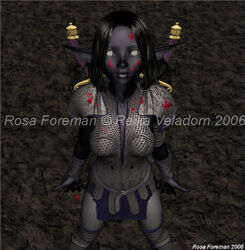 1girls 3d armor berserker black_hair black_skin breasts dark_skin drow elf female_only grey_eyes pointy_ears pyt rosa_foreman text watermark