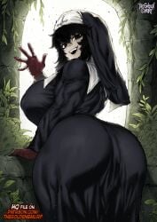 1girls ass big_breasts black_and_white black_eyes black_hair cross female looking_at_viewer looking_back looking_back_at_viewer monochrome muscular muscular_female nun nun's_habit nun_hat ramia-yana ramia_(ramia-yana) rear rear_view smile smiling smiling_at_viewer thegoldensmurf thick_ass thick_thighs