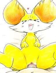 2024 absurd_res blush blush_lines censored closed_eyes duo ear_tuft eiroru erection female fennekin feral first_person_view generation_6_pokemon genitals graphite_(artwork) happy happy_sex heart_symbol hi_res human inner_ear_fluff lying male male/female mammal multicolored_body nintendo on_back open_mouth penetration penis pokemon pokemon_(species) pussy quadruped sex smile spread_legs spreading traditional_media_(artwork) tuft vaginal_penetration yellow_body