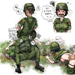 2boys 2girls biting blowjob blush boots breasts breasts_out clothed comfort_woman cum cum_in_mouth cum_on_breasts cum_on_face doggy_style face_fucking fatigues fellatio female from_behind from_behind_position gogocherry hand_on_head helmet korean_text male male/female military military_uniform multiple_boys multiple_girls mushroom oral outdoors sex text translated upset