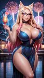 ahri ai_generated bare_shoulders big_breasts breasts champagne choker cleavage collarbone dress fireworks firm_breasts focus glasses hourglass_figure huge_breasts large_breasts league_of_legends narrow_waist new_year night pose posing posing_for_the_viewer riot_games round_breasts seducing seduction seductive seductive_body seductive_eyes seductive_gaze seductive_look seductive_mouth seductive_pose seductive_smile sky sky4maleja smile standing thick_thighs thin_waist vastaya