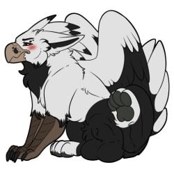 1:1 alpha_channel animal_genitalia avian balls blush feathered_wings feathers genitals gryphon mythological_avian mythological_creature mythology red_eyes sheath solo symrea telegram_sticker white_body wings