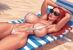 1girls 2d 2d_(artwork) ai_generated areolae athletic athletic_female beach beach_towel beach_umbrella big_breasts bikini breasts civitai curvaceous curves curvy curvy_body curvy_female curvy_figure curvy_hips digital_drawing_(artwork) digital_media_(artwork) duo erect_nipples female female_focus female_only kiwimike laying_down laying_on_back light-skinned_female light_skin long_hair milf nipples nipples_visible_through_clothing on_back pose posing red_hair red_hair sling_bikini solo solo_focus summertime_saga sunbathing sunglasses tan_body tan_skin tanline tanlines tanned thick_thighs tina_hendicks_(summertime_saga) white_bikini