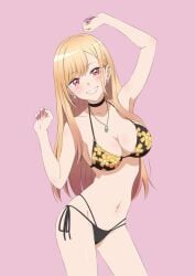 belly_button big_breasts blonde_hair blush breasts busty cute female kitagawa_marin large_breasts light-skinned_female light_skin long_hair pink_eyes portrait simple_background slim_waist smile smiling smiling_at_viewer solo solo_female sono_bisque_doll_wa_koi_wo_suru standing swimsuit thick thick_thighs thighs wide_hips