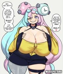 1girls absurd_res accessory bent_over big_breasts blush bowtie breasts breasts_bigger_than_head busty clothed clothing collar curvaceous curvy curvy_figure dialogue digital_media_(artwork) english_text eyebrows eyelashes female female_focus female_only glistening glistening_body hi_res hourglass_figure iono_(pokemon) light-skinned_female light_skin looking_at_viewer matospectoru motion_lines multicolored_eyes multicolored_hair nintendo one_eye_closed pokemon pokemon_sv slightly_chubby solo sweat sweatdrop sweaty tagme text thick_thighs video_games voluptuous voluptuous_female wide_hips