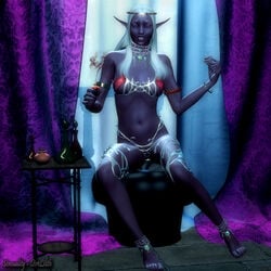 3d blue_lips clothes dark_elf dark_skin drow long_ears perfume pointy_ears purple_skin red_eyes sensual skimpy_clothes white_hair