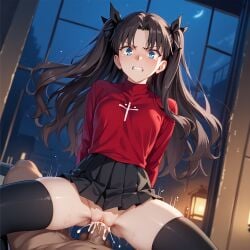 ai_generated black_hair cheating clothed_female cowgirl_position cum cum_in_pussy cum_in_pussy cum_inside dark-skinned_male fate/stay_night fate_(series) female_on_top interracial netorare rape sex smaller_female teenage_girl tohsaka_rin tohsaka_rin unwanted_creampie unwanted_impregnation vaginal_penetration